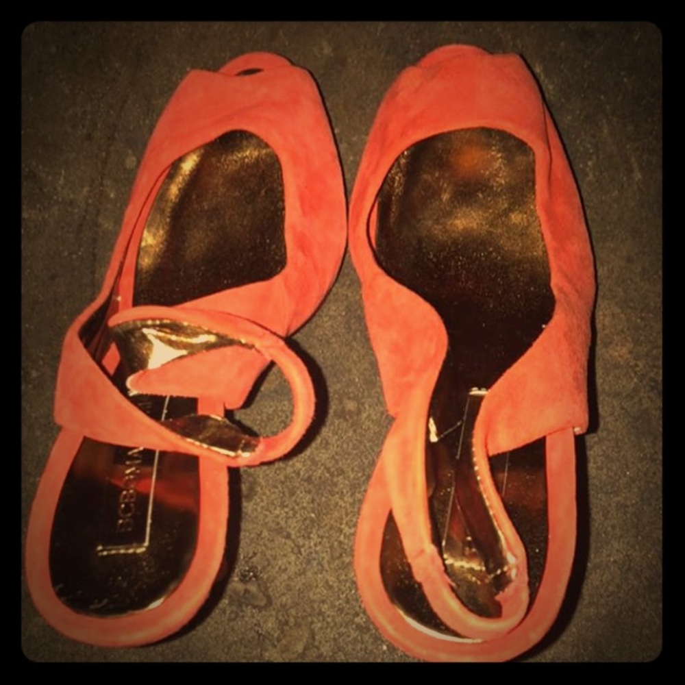 Orange suede heels. Peep toe. BCBG size 5.5. EUC